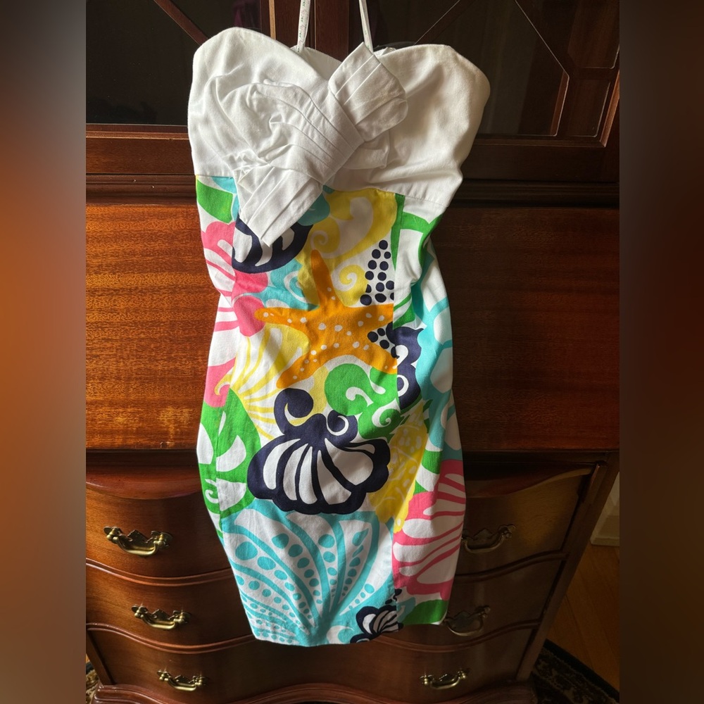 Lilly Pulitzer strapless multi color shell dress, size 2, 100% cotton, hand wash